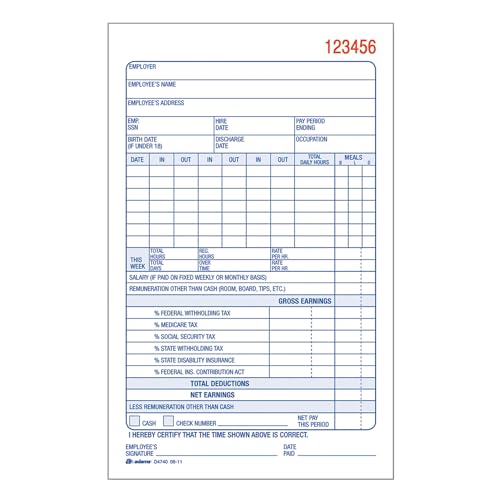 Adams Employee Payroll Record Book, 2 Part, Carbonless, 4.19 x 7.19, 50 Sets per Book, White and Canary (D4740) - Thumbnail 2