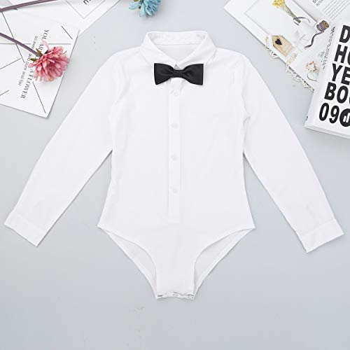 JEATHA Kids Boys Long Sleeves Tuxedo Bodysuit Latin Modern Dance Shirt with Bowtie Set Mock Neck Leotard Dancewear White 12