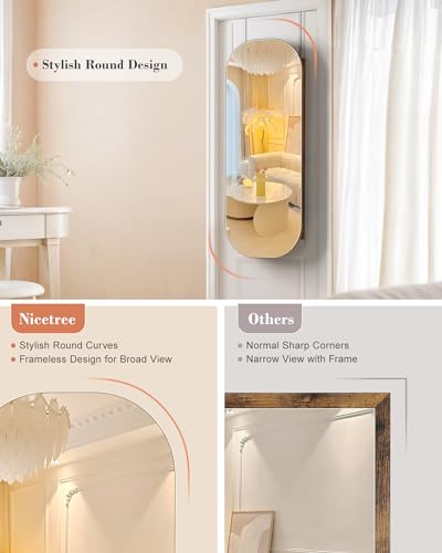 Nicetree LED Mirror Jewelry Cabinet, Rounded Jewelry Armoire Cabinet, Lockable Wall or Door Mounted Jewelry Organizer with Interior Mirror, Wide Mirror with Jewelry Storage, 2 Drawers, Rustic Brown