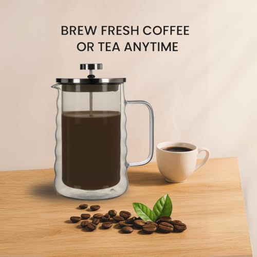 Artezza Home Large Wavy Glass French Press Coffee Maker 34oz – Double-Wall Borosilicate Coffee Press with Stainless Steel Filter – Manual Coffee Brewer & Tea Press – 1 Litre Glass French Press by Artezza Home - Image 6