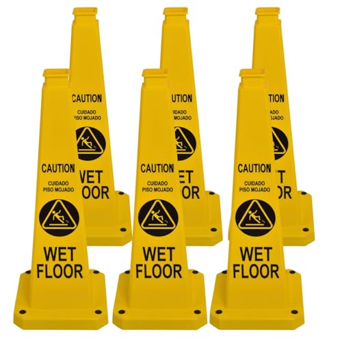 BESEA Caution Wet Floor Sign 6 Pack, 28" Heavy Duty Safety Cone with Weighted Base, Yellow 4-Sided Bilingual Warning Sign, Non-Slip Floor Safety Cone for Restaurants, Stores, Schools, Hotels