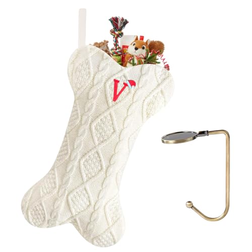 VRFASHION Christmas Stockings with Initials, Letter V Pet Cat Dog Name Bone Shape Knitted Xmas Stockings, Christmas Party Fireplace Family Hanging Stocking Decorations(1 Pack, White)