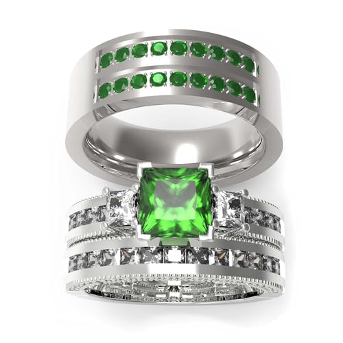 TWO RINGS Wedding Ring Sets His And Hers Promise Ring Couples Bridal Sets Women 925 Sterling Silver Square Cz Man Titanium Enamel Wedding Band by LOVERSRING - Used condition - US$46.83