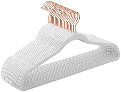 SONGMICS Set of 20 Velvet Hangers, 42 cm Long, Thin and Durable, High Load Capacity, with 360° Swivel Rose Golden Hooks, for Coats Shirts Suits, White CRF026W01