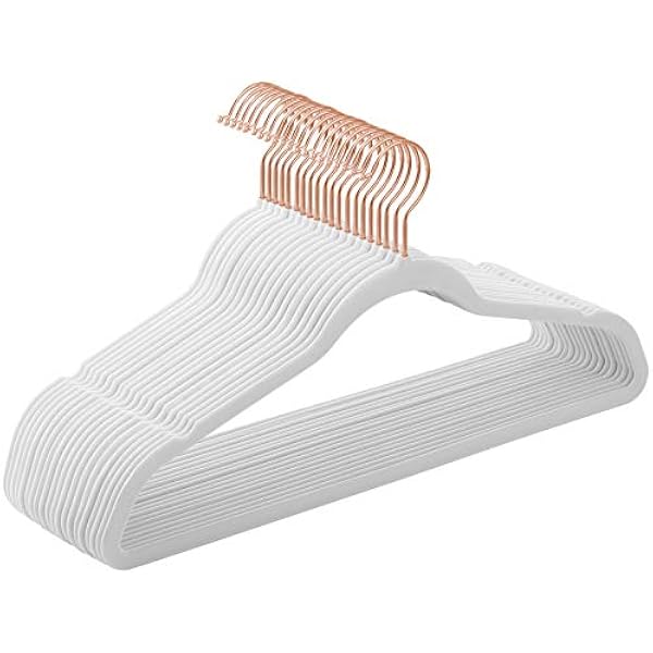 SONGMICS CRF026W01 Wieszak na ubrania, aksamitny, z antypoślizgową powierzchnią, 41,5 cm długości, cienki, do dużych obciążeń, z obracanym o 360° hakiem w kolorze różowego złota, biały, 20 sztuk