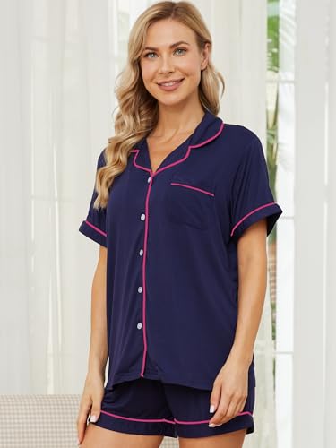 Image of Womens Pajama Sets Short Sleeve Sleepwear Soft Button Down Nightwear Lounge Pj Set XS-XXL
