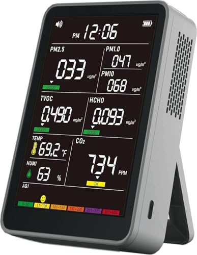 Image of Professional Indoor Air Quality Monitor with AQI Alerts, Portable Real-Time Detector for Home, Car, Plants & Pet (Concrete Gray)