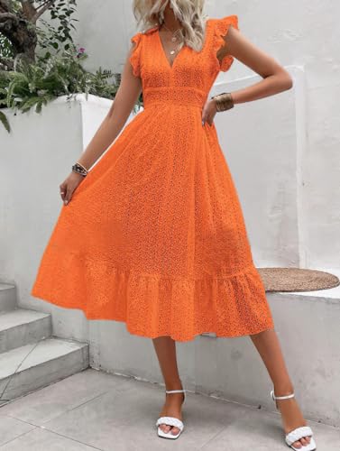 Image of chouyatou Women's Summer Flutter Sleeve Embroidery Eyelet Lace Dress V-Neck A-Line Beach Sun Dress