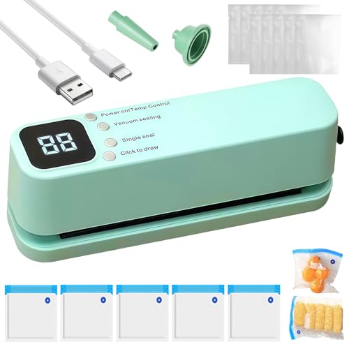GOEDCH Mini Machine à Emballer Sous Vide: Verte Soudeuse Sac Plastique, Petite Machine à Sceller en Plastique Portable de Conservation pour Emballage Alimentaire de Cuisine avec 10 Sacs Sous Vide