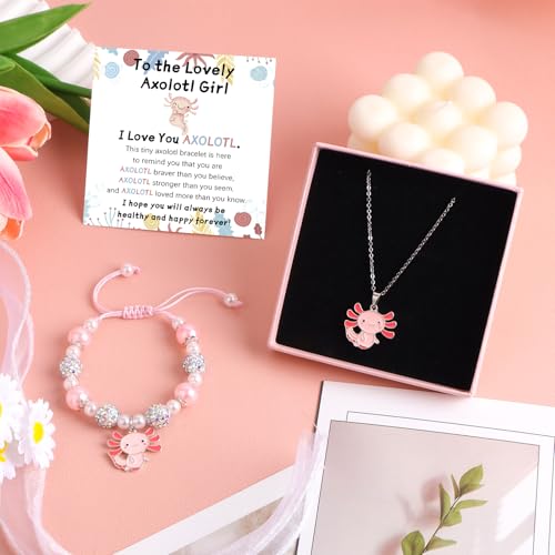Kawaii Axolotl Bracelet/Necklace Cute Axolotl Stuff Birthday Christmas Jewelry Gifts for Gir Daughter Granddaughter Niece (Axolotl Set)3