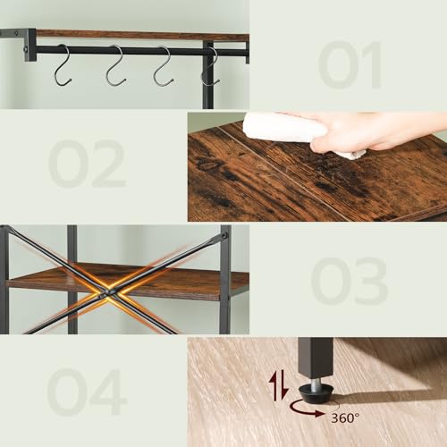 MAHANCRIS Küchenregal mit Steckdosen, Bäckerregal, Standregal, 34 x 48 x 139 cm, Backregal mit Schubladen, Mikrowellenregal, 4 S-Haken, für Küche, Wohnzimmer, Esszimmer, Braun und Schwarz ABRHR48UE01