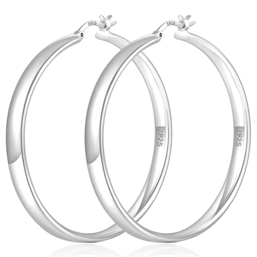 YOUNGYUE 5mm Wide 925 Sterling Silver Hoop Earrings Hypoallergenic 14K Real Gold Plated Lightweight Big Hoop Earring for Women Oversize Large Silver Hoops Earring for Women 30/40/50/60/70mm