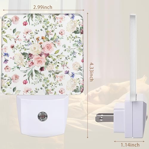 Image of Spring Flower Night Light,Pink Rose Eucalyptus Leave Night Lights Plug into Wall with Dusk to Dawn Light Sensors Nightlights for Bedroom Bathroom Hallway Kitchen Gifts Ideal for Girls Women