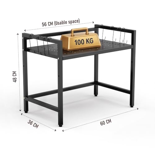 Image of Zeroway Metal Adjustable microwave stand kitchen platform 2-Tier Microwave Oven Rack Organizer Stand with 4-Hooks Multipurpose Countertop Storage oven stand kitchen 7-tank Powder Coated- Black