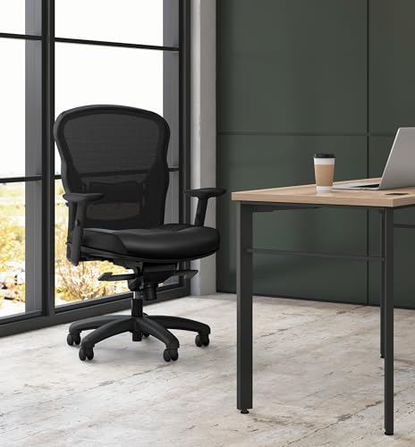 Image of HON Wave High Back Ergonomic Office Chair with Leather Seat and Breathable Mesh Back, Adjustable Arms, Synchro‑Tilt Recline and Swivel Wheels for Desk and Computer Use, Black