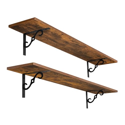 DINZI LVJ Long Wall Shelves, 39.4 Inch Large Floating Shelves Set of 2, Wide Display Shelf Wall Mounted with Brackets, Easy Hanging for Living Room, Toilet, Office, Bedroom, Rustic Brown