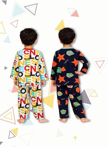Image of 3BROS Kids Pure Cotton Night Suit Set | Boys Girls Printed Sleepwear Shirt & Pajama Clothing Combo | Soft Breathable Night Dress Outfit | Pack of 2
