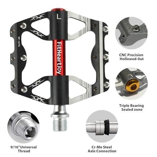 Image of Mountain Bike Pedals, MTB Pedal with 3 Sealed Bearings, 9 /16 inch, CNC Aluminum Flat Bicycle Accessories with Anti-Slip Pins for Mountain Road Bike (Red /Black /Blue /Grey)