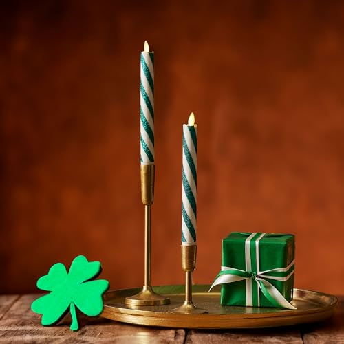 Image of Luminara - Flameless Battery Operated Taper Candle - Candy Cane Green- Pack of 2-1x9.75 - LED Flickering Flame- Realistic Safe for Home Kids and Pets