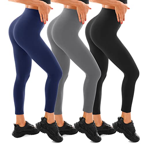 Walifrey 3 Pack Gym Leggings for Women, High Waisted Non See-Through Black Soft Workout Yoga Pants Black/Grey/Navy L-XL