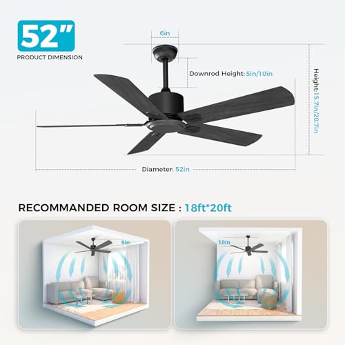 Image of Obabala 52 Inch Ceiling Fan No Light, Modern Black Ceiling Fan Without Light with Remote & APP, Quiet Reversible DC Motor, 6-Speeds, for Living Room, Bedroom, Patio