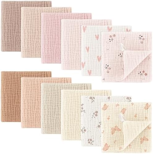 Bearmoss Baby Musselin Waschlappen Moltontücher 100% Baumwolle Weiche Spucktücher Baby,Atmungsaktiv und Extrem Saugfähig Musselin Tuch für Saugstark Mulltücher 12 Stück 25 x25cm (R