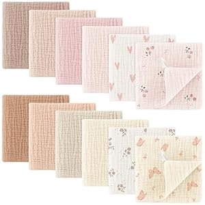 Bearmoss Baby Musselin Waschlappen Moltontücher 100% Baumwolle Weiche Spucktücher Baby,Atmungsaktiv und Extrem Saugfähig Musselin Tuch für Saugstark Mulltücher 12 Stück 25 x25cm (Rosa-Braun)