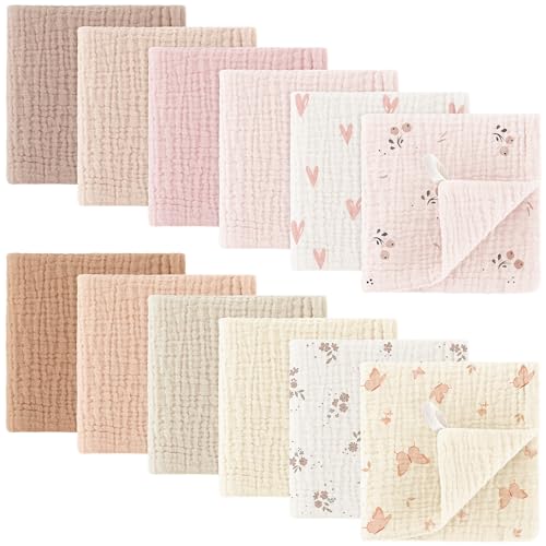 Bearmoss Baby Musselin Waschlappen Moltontücher 100% Baumwolle Weiche Spucktücher Baby,Atmungsaktiv und Extrem Saugfähig Musselin Tuch für Saugstark Mulltücher 12 Stück 25 x25cm (Rosa-Braun)