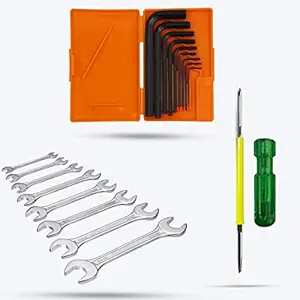 Hillgrove HGCM331M1 9 Pcs Full Hex Allen Key Kit with 8Pcs Double Open End Wrench and 2in1 Phillip Screwdriver Bolt Spanner Wrench L Shape Repair Tool for Bike/Bicycle/Cycle/Guitar