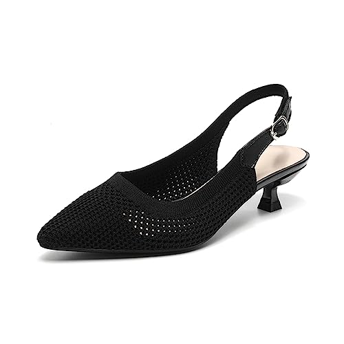Image of youngshow Women's Slingback Kitten Heels for Work | Knit, Low Heels, Elastic Back Strap, Slip on, Pumps for Office, Wedding, Party