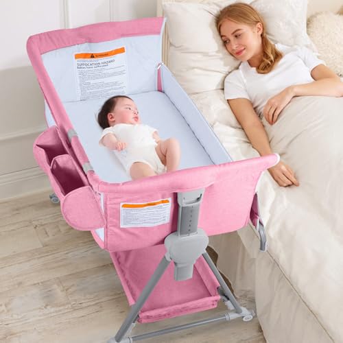 Image of BIERUM Baby Bassinet, Bedside Sleeper for Baby, 7 Height Adjustable Bedside Bassinet with Wheels, Easy to Assemble Portable Bedside Crib with Large Storage Bag for Newborn/Infant, Mattress Included
