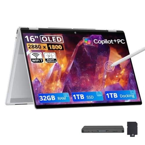 Image of HP OmniBook 7 Flip 2-in-1 16 inch OLED Touch Laptop, Intel Core Ultra 7 258V, 32GB LPDDR5X, 2TB Storage(1TB SSD+1TB Docking Station Set), Intel Arc Graphics, Wi-Fi 7, Copilot+ PC, Win 11, Silver
