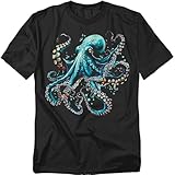 Popfunk Colorful Octopus T Shirt – Ocean Marine Life Graphic Tee for Men or Women, Unisex Adult, Black, Large