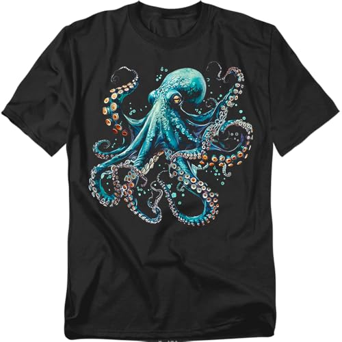 Popfunk Colorful Octopus T Shirt – Ocean Marine Life Graphic Tee for Men or Women, Unisex Adult, Black, Large