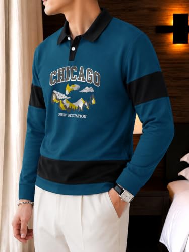 Image of Noble Monk Men's Printed Full Sleeve Casual T-Shirt | Regular Fit Polo Neck T-Shirt for Men