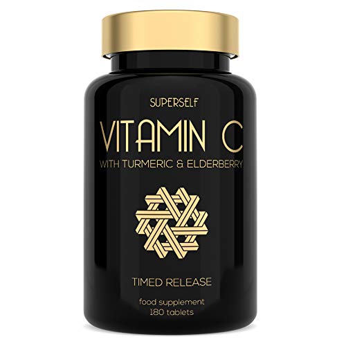 Vitamin C 1000mg Tablets - Enriched with Elderberry and Turmeric Curcumin - Timed Release Formula - 180 Tablets - High Strength Vit C Supplement - Made in the UK - Immune System Complex