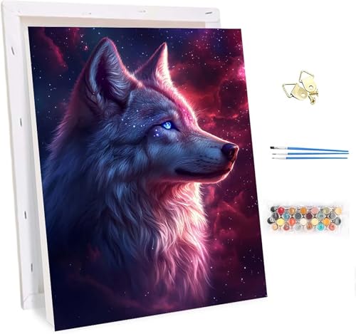 Framed Paint by Numbers Kit for Adults Wolf Paint by Number for Adults Starry Sky on Canvas, DIY Adult Crafts Kit with Acrylic Painting and Brushes, Hobbies for Women, Room Decor Gifts 20x26in P-8550