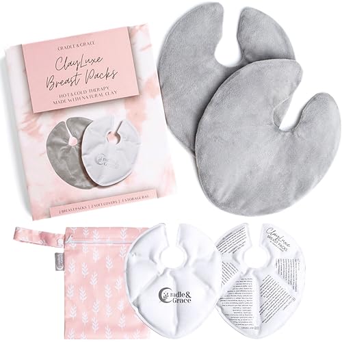 Image of Cradle & Grace ClayLuxe Breast Therapy Packs, Natural Clay Hot & Cold Breast Pads with Covers & Bag, Reusable Breast Ice Packs for Mom's Breastfeeding Essentials