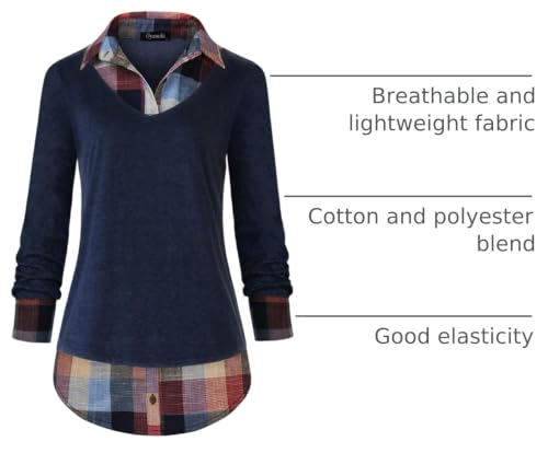 Image of Oyamiki Women's Casual Collared Curved Hem 2 in 1 Pullover Tops Plaid Contrast Shirt Blouse