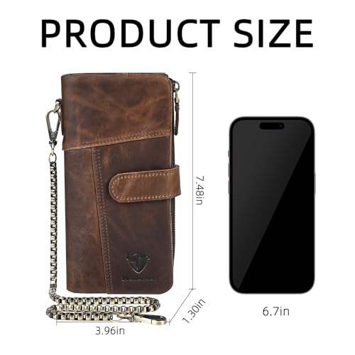 Image of Genuine Crazy Horse Leather Travel Gift Coin Pocket Card Case Long Organizer Chain Rfid Wallet Purse With Snap For Men Male 1803 1815 (1803 Light Brown)