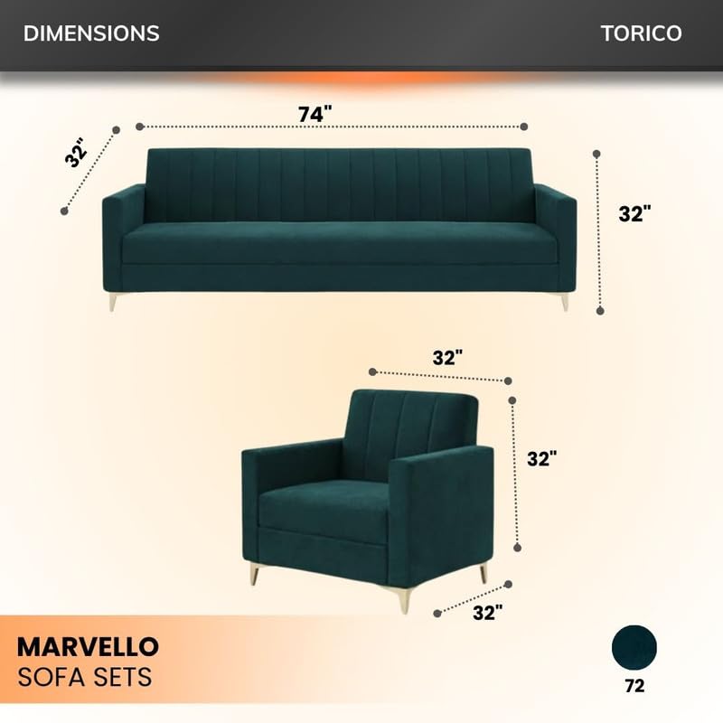 Image of Marvello 3+1+1 Fabric Sofa Set for Living Room | Soft Velvet Upholstery, Sturdy Wooden Frame | Stylish Sofa for Hall & Office Spaces (Green Teal)