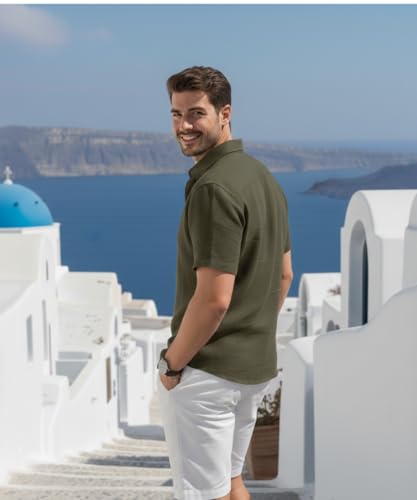 Image of VastraVibes Premium Cotton Linen Shirt for Men | Half Sleeve Slim Fit Casual Shirts | Lightweight Beach Wear & Festive Outfits | Trending Pastel Colors