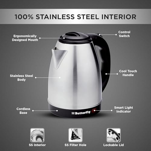 Image of Butterfly Evo Pro 1.8L Electric Kettle | 1350 W | 360 degree Swivel Power Base | Auto Shut Off | For Hot Water, Tea, Coffee, Noodles | Dry Boil Protection