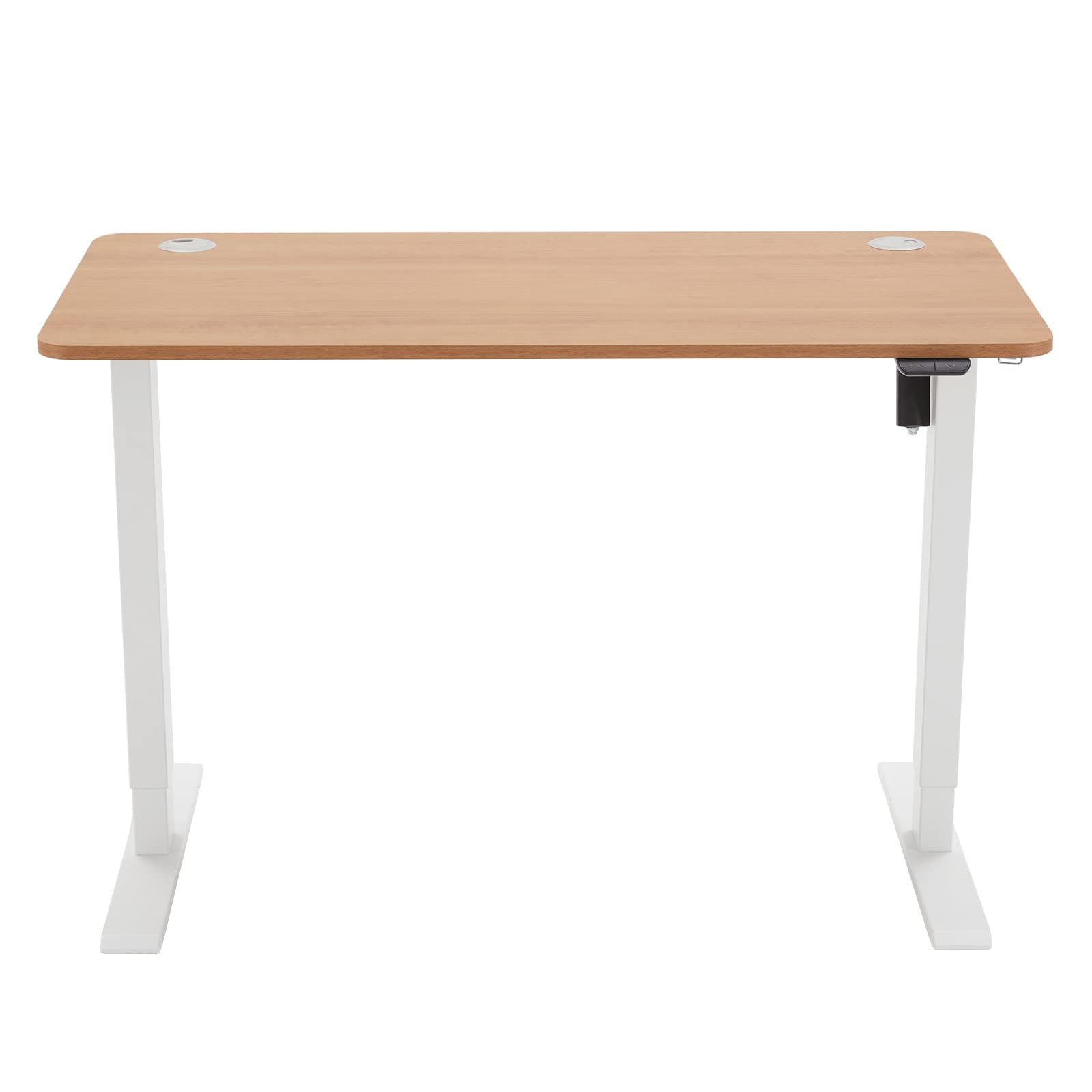 Amazon Basics Sitz-Steh-Schreibtisch, elektrisch höhenverstellbar, 120 x 60 cm, ergonomisch, mit einfacher Bedienung, Tischplatte aus Buchenholz, weißer Rahmen