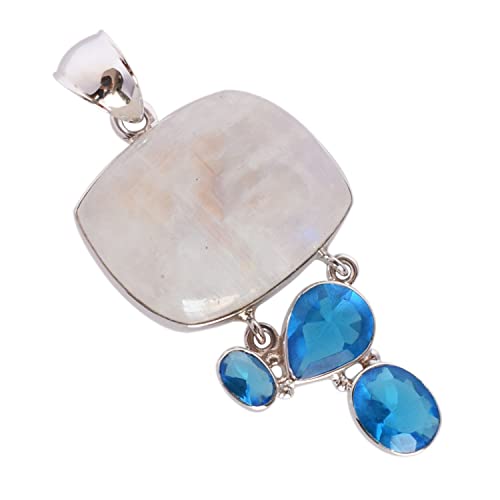 Collier pierre de lune argent 925 quartz bleu pendentif femme chaîne 45.7cm