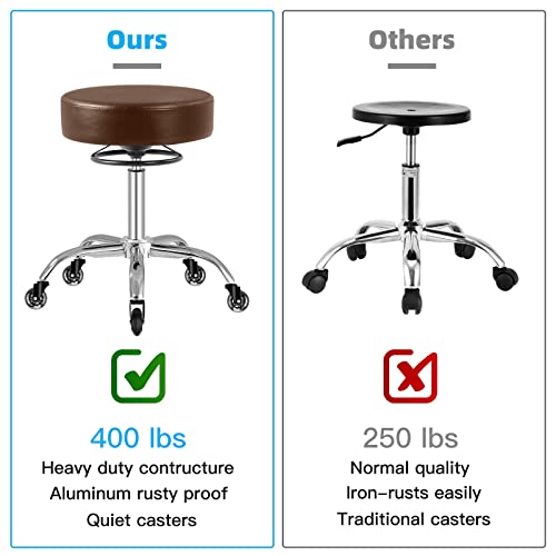 Image of Rolling Stool with Wheels 400lbs Weight Capacity,Heavy Duty Lash Chair Adjustable for Tatoo Lab Massage Salon Spa Drafting Nail Teach,360 Swivel,Leather,Thick Seat Padding (Brown)