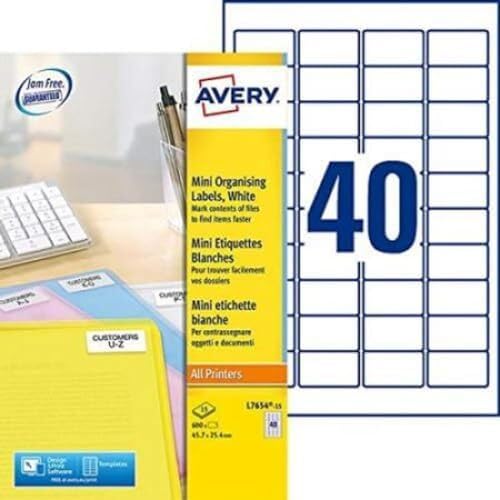 Avery España L7654-15.Caja de 600 mini etiquetas blancas 45.7x25.4mm en A4,Láser