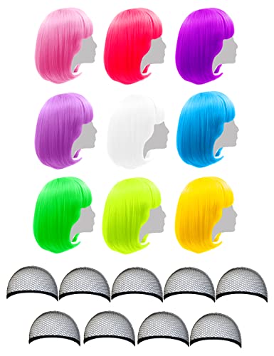 LIULIUBTY 9 Pieces Short Bob Hair Wigs 12 Straight with Flat Bangs Synthetic Fluorescence Colorful Cosplay Daily Party Costume for Women+ Free Wig Cap (Colors Set 2 with Wig Cap)