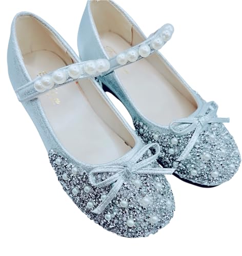 Girls' Glitter Mary Jane Dress Shoes, Pearl Strap, Silver, Low Heel,Size 2.5