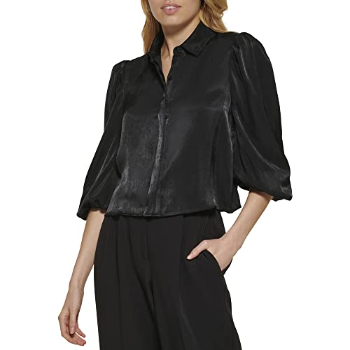 Dkny Women's Puff Button Front Long Sleeve Top, Black, Medium #TOP18